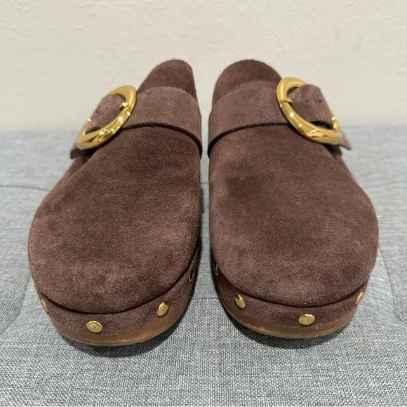 Vince Camuto Canzenee Chocolate Suede Mules with Gold Buckle - Picture 3 of 10